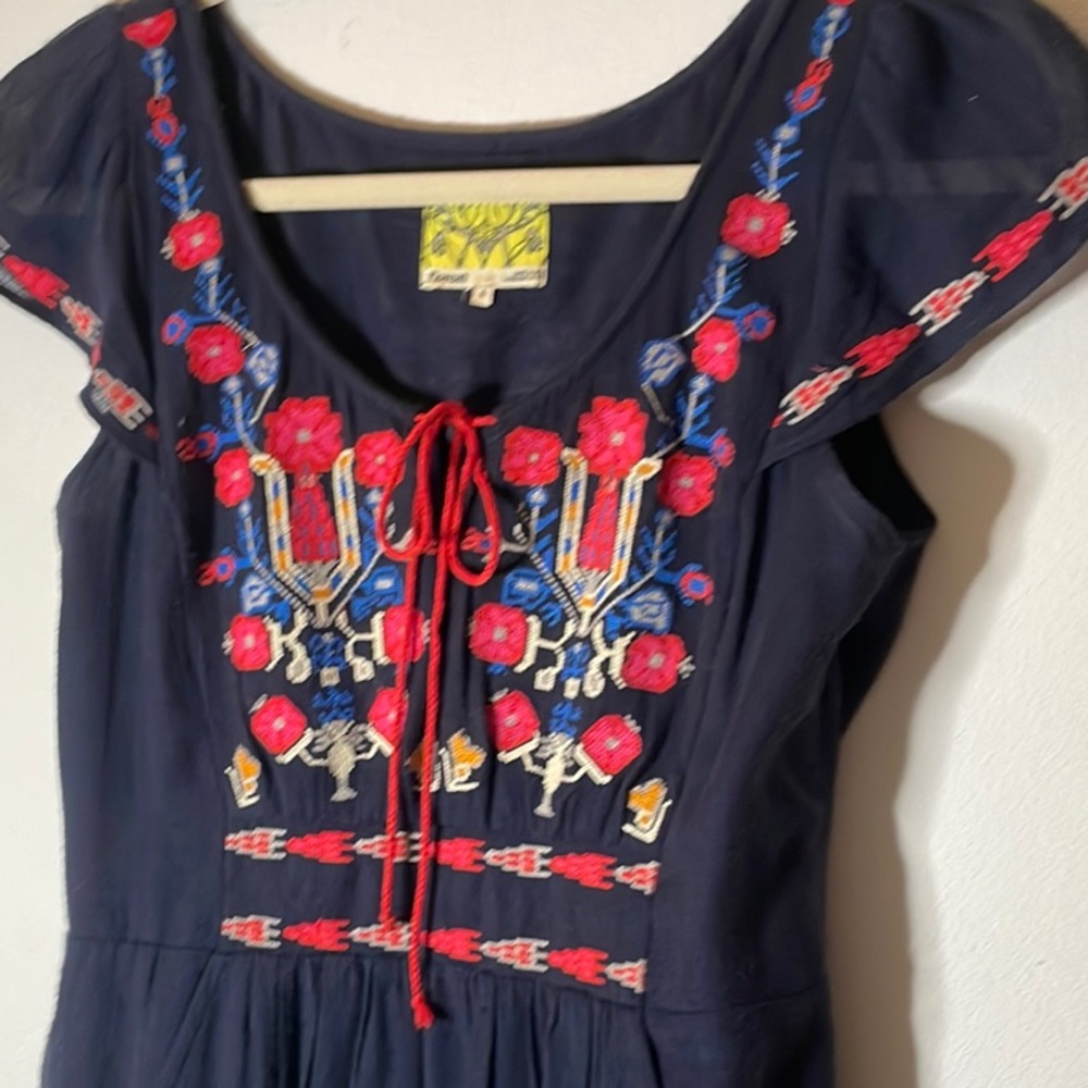 Floreat for Anthropologie Embroidered Navy Dress with Red and Blue Accents